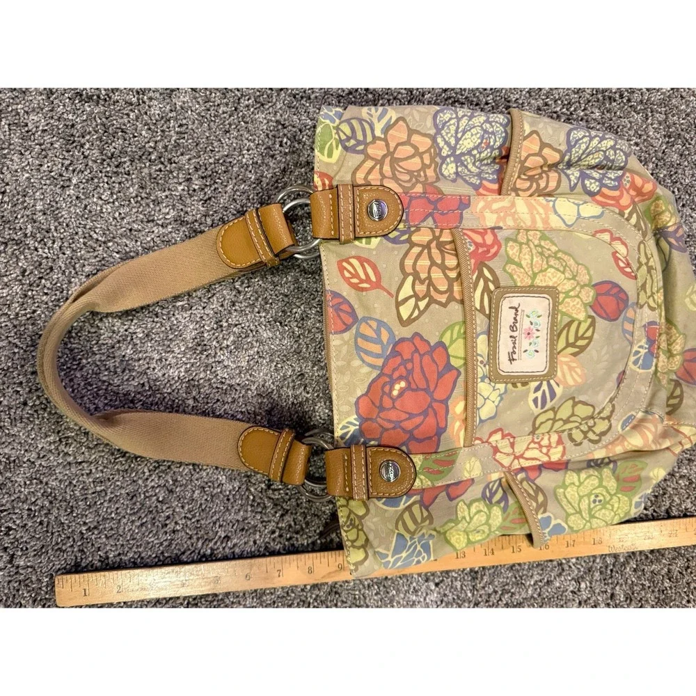 Fossil Key-Per Floral Hobo Tote Bag Canvas & Leather Trim Shoulder Purse